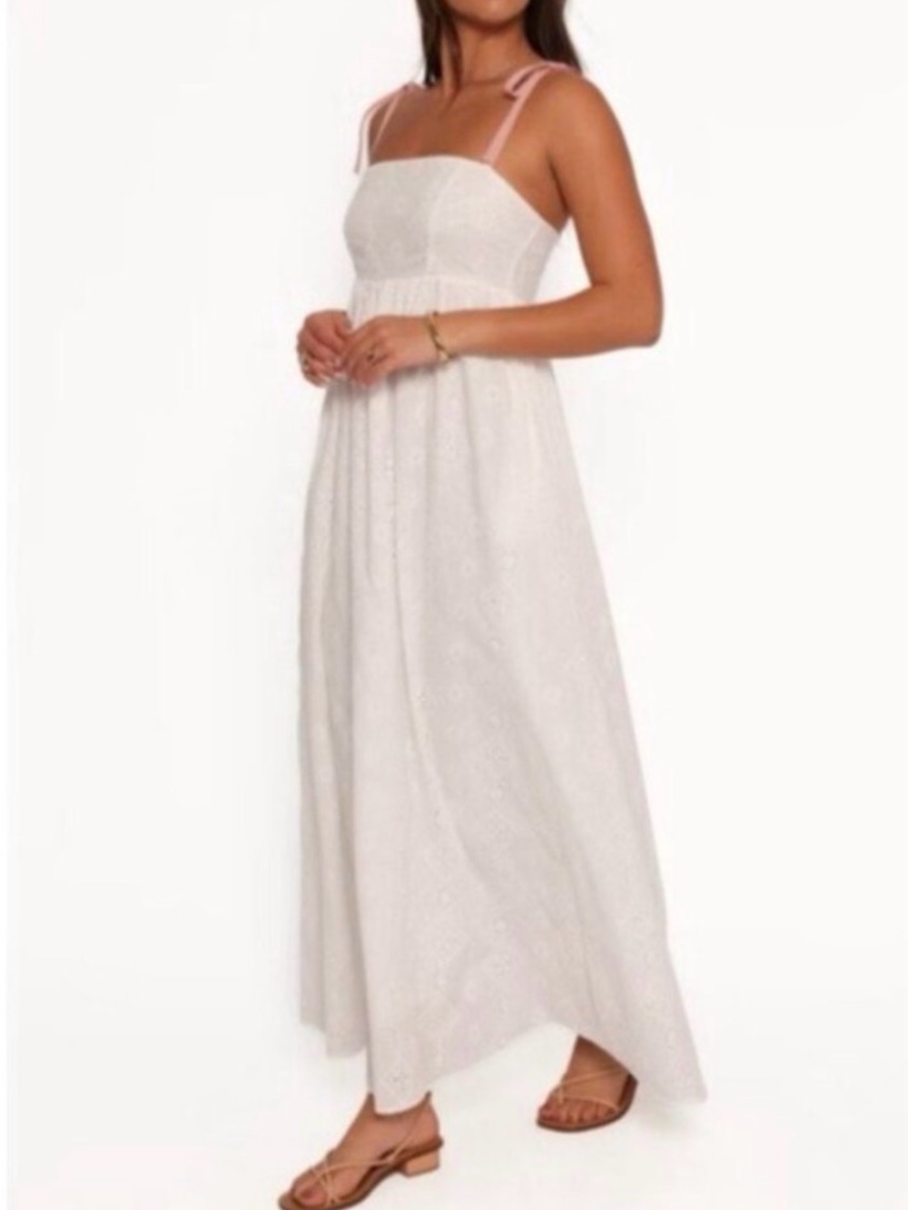 Petal & Pup White Eyelet Maxi Dress with Pink Tie Straps